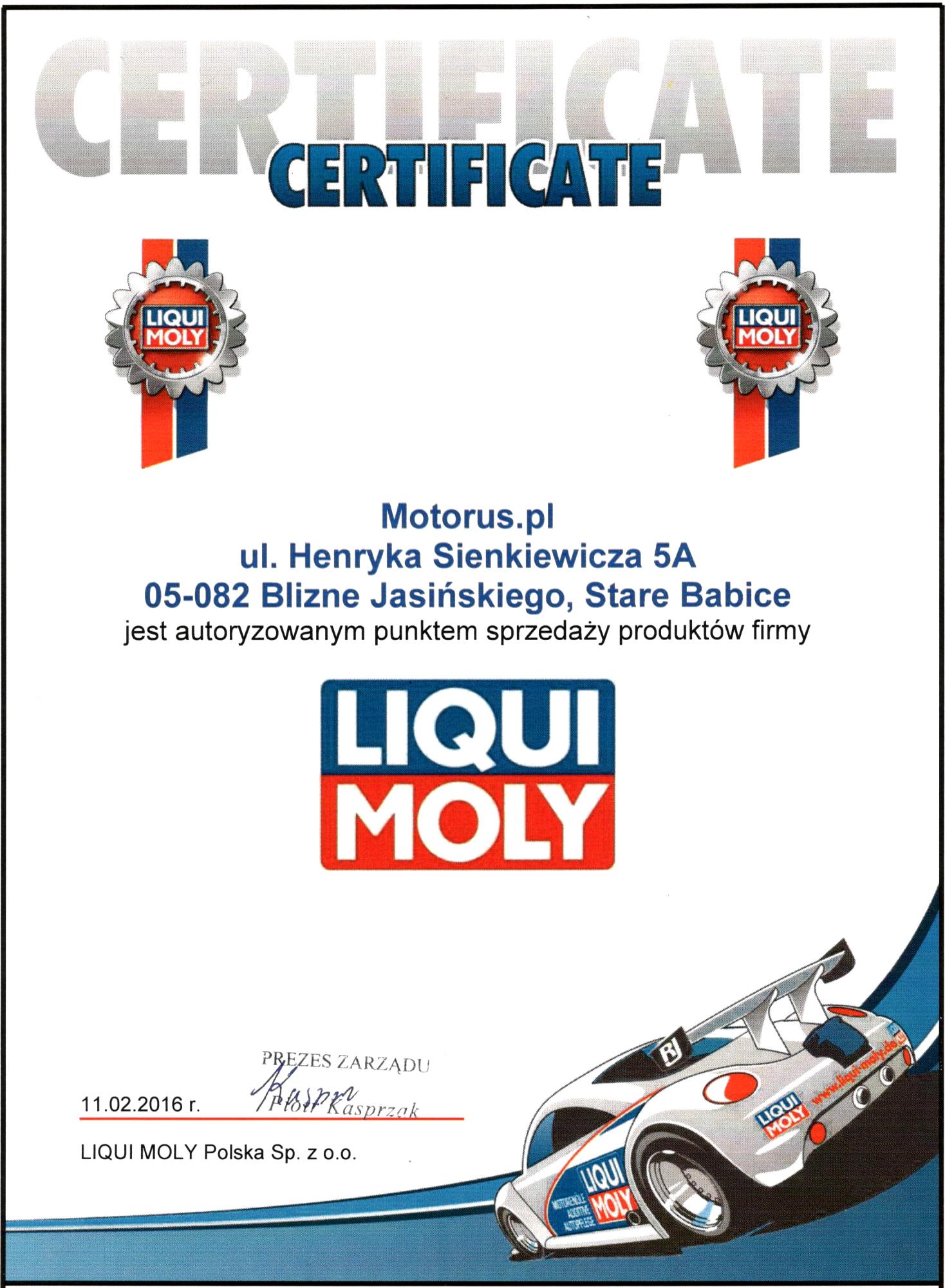 MOTORUS.PL certyfikowany sprzedawca marki LIQUI MOLY w Polsce